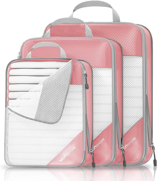 Compression Packing Cubes 3 Set, Compressible Space-Saving Packing Cubes for Travel - Compression Bags, Luggage Organizer, Travel Essentials for Women, Pink