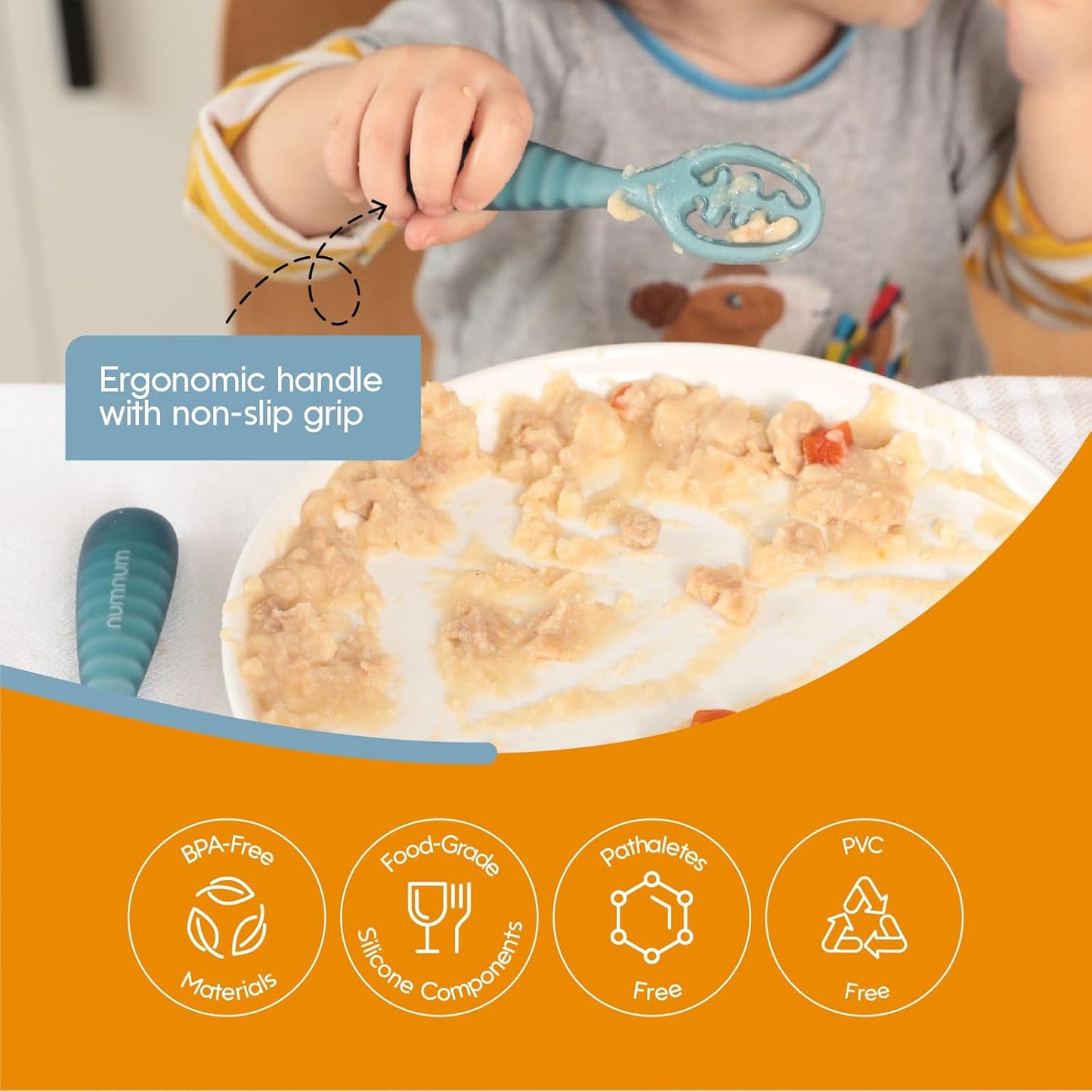 NumNum Baby Spoons Set, Baby Essentials Pre-Spoon GOOtensils for 6+ Months, First Stage Self-Feeding Spoons for Baby Led Weaning (BLW), Silicone Toddler Utensils, BPA-Free, 4 Pack Blue