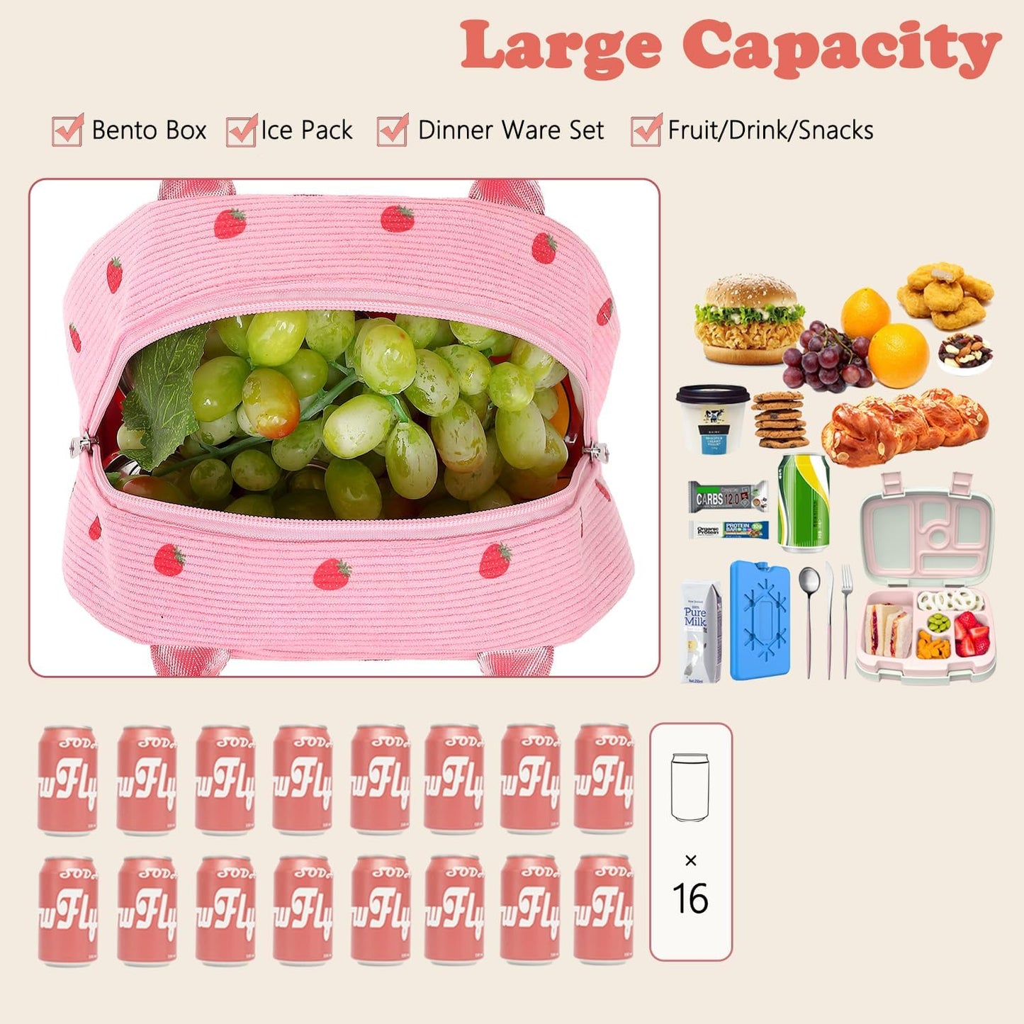 FlowFly Insulated Lunch Bag for Women – Corduroy Lunch Tote Box, Cute Cooler Bag for Work, Travel, Picnic,Corduroy Strawberries RoseRed