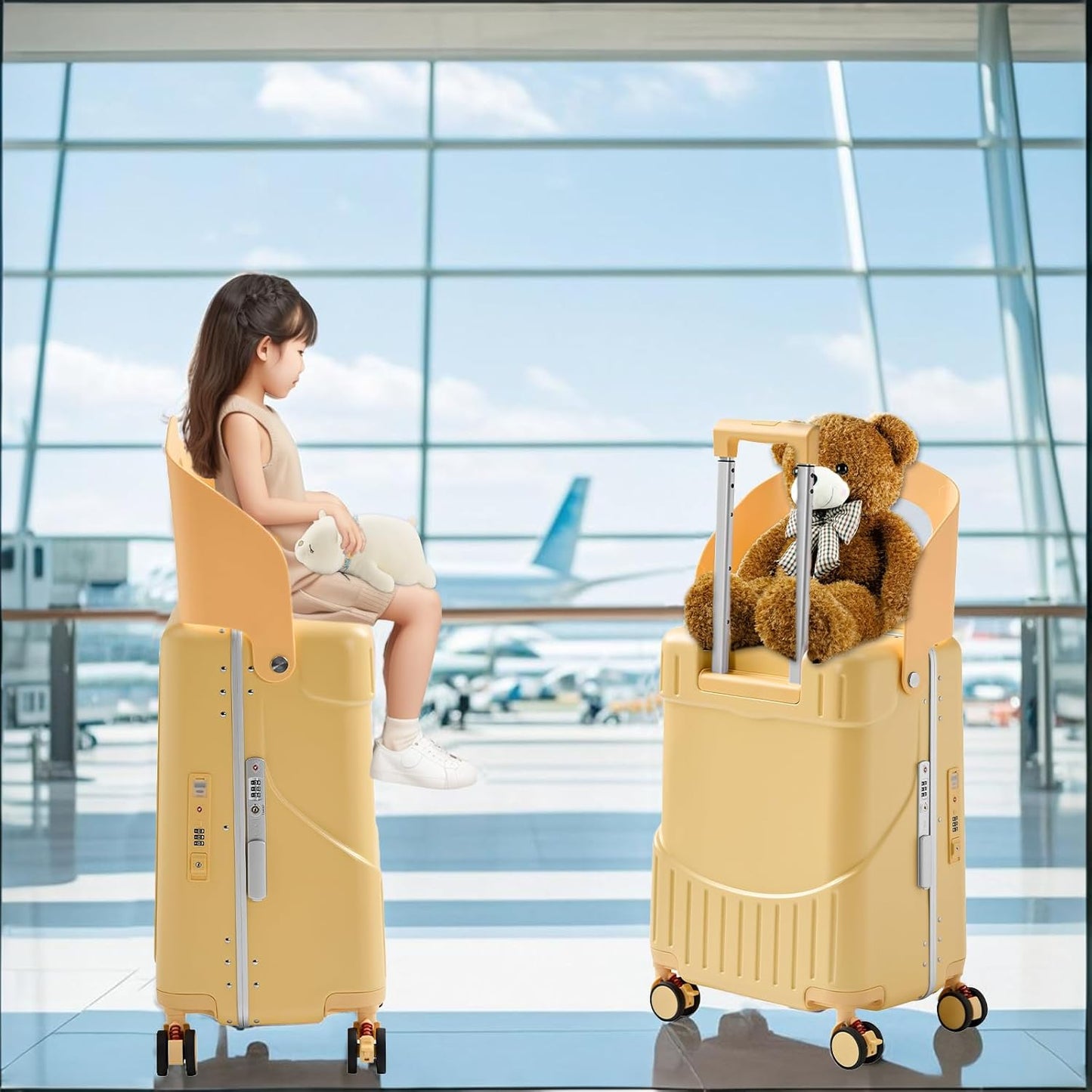 TABU 20" Ride-on Luggage with Seat，Front Opening Carry-On Hardshell Ride On Suitcase with Built-in Charging Port, 360° Lockable Spinner and TSA Lock, for Kids & Adults, Yellow