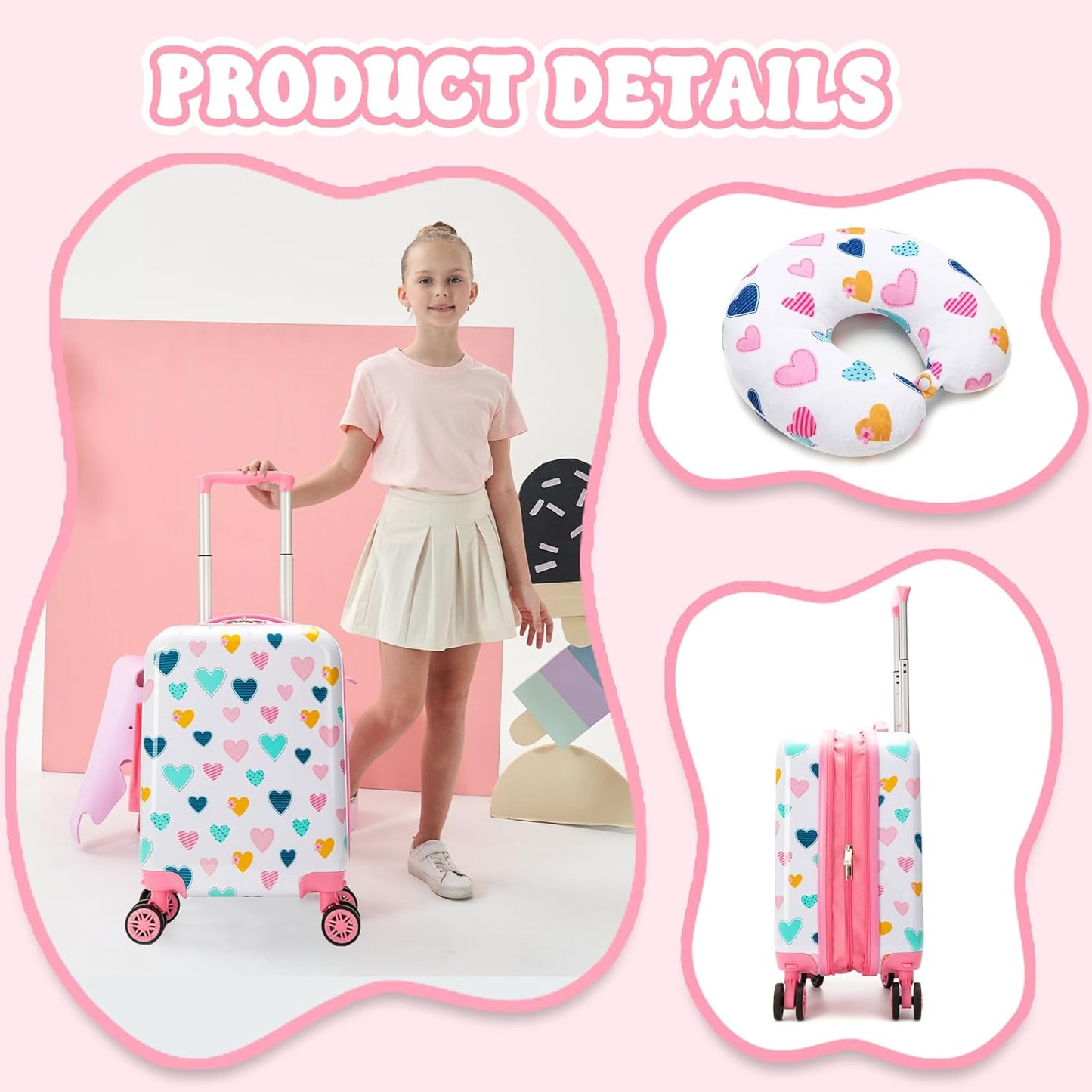 Kid’s Luggage Set 5 Piece Suitcase Set 16’’ Hardside Luggage with Spinner Wheels Girls Carry on Toddler Travel Rolling Suitcase Carry on Luggage Airline Approved