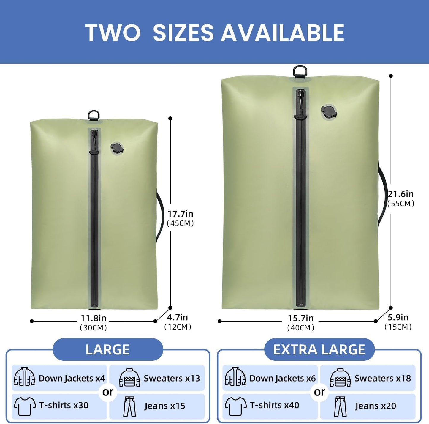 BAGAIL TPU Vacuum Bag for Travel, Reusable Compression Bag with IPX8 Waterproof Zipper, Save Space for Suitcase, Backpack and Carry on (Green, ExtraLarge, With Pump)