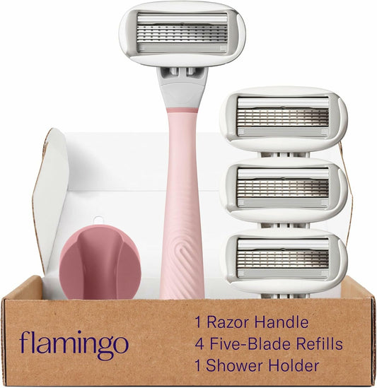 Flamingo Shaving Razor Set for Women - Original Razor Handle, 4 Blade Refills, and Shower Holder - Rose