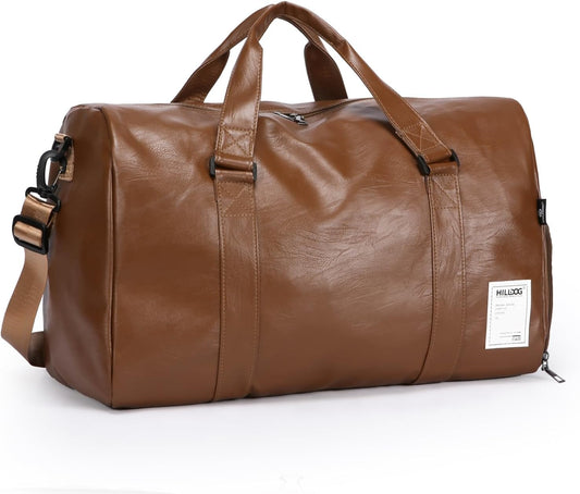 Leather Sports Gym Tote Bag with Shoes Compartment & Wet Pocket, Travel Duffel for Men & Women, Shoulder Weekender Overnight Bag for Yoga, Pilates, Swimming