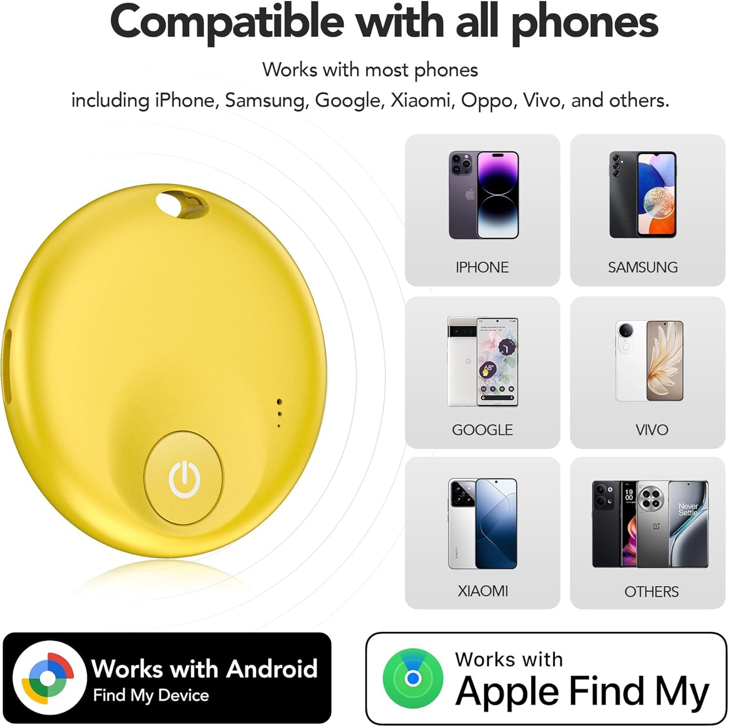 FindTag Duo - Dual System Tracker for iOS or Android, Bluetooth Tracking Tag/Key Finder/Luggage Tracker/Item Locator, Compatible with iOS Find My or Google Find Hub App (Yellow)