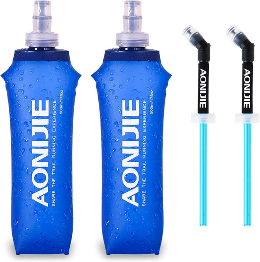 TRIWONDER Collapsible Water Bottles TPU Soft Flask Running Bottles BPA-Free Sports Flasks for Hiking Climbing Camping (500ml/16.91oz with Straws - Pack of 2)