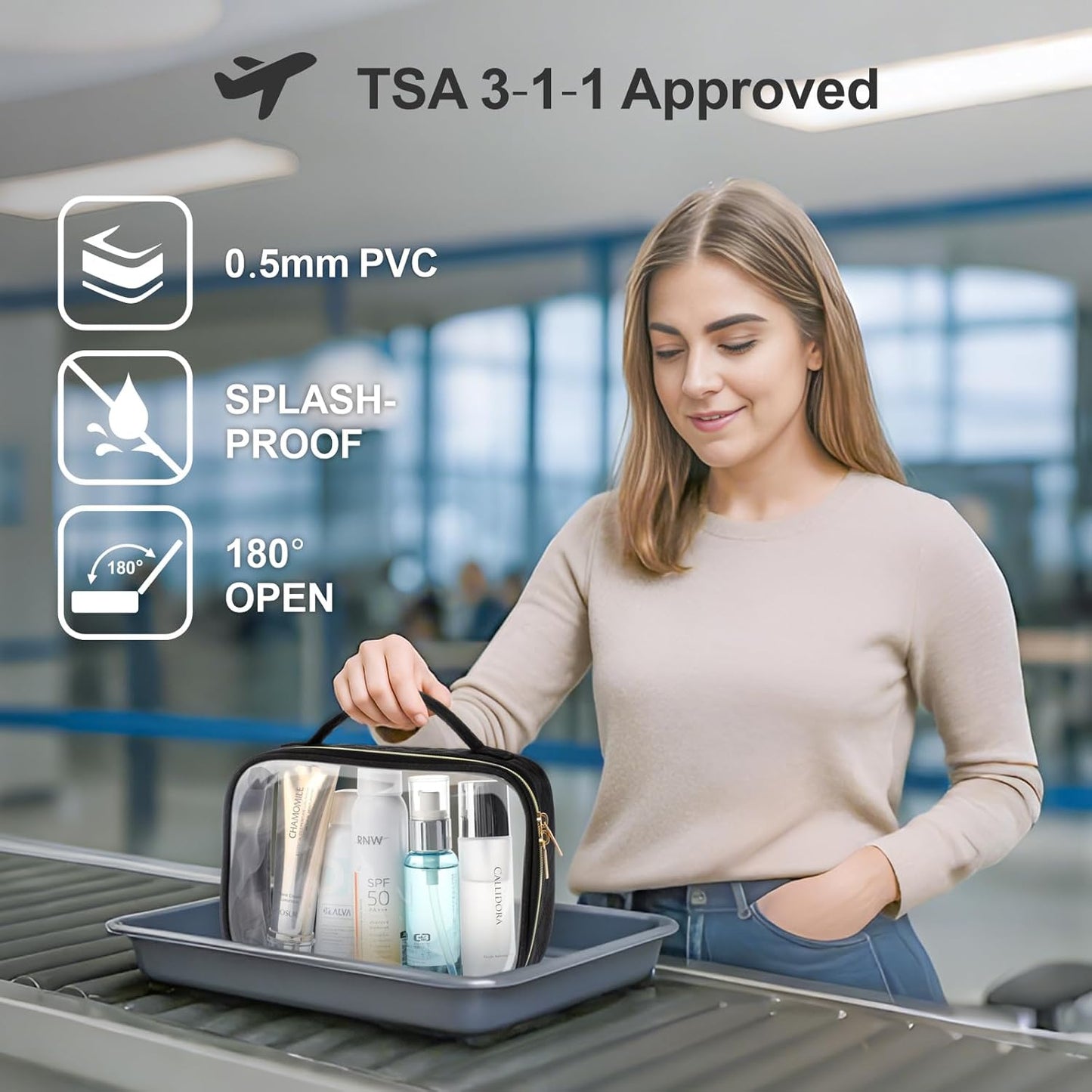 PACKISM TSA Approved Toiletry Bag - Glitter Textured Clear Toiletry Bag, Personalized and Fashion, with 180° Large Opening and Supporting Frame, Perfect for Travel Essentials, Thick No Smell, White