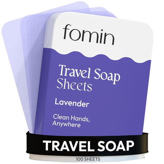 FOMIN - Antibacterial Paper Soap Sheets Tin for Traveling - (100 Sheets) Lavender Portable Travel Hand Soap Sheet, Dissolvable Mini Camping Hand Soap for Hand Washing