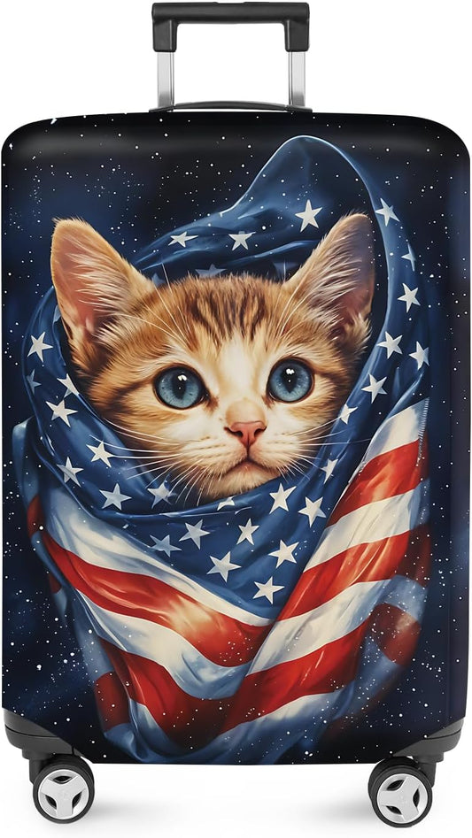 ANNA QUEEN Cute Patriotic Cat Luggage Cover, American Flag Suitcase Protector, Stretchable, Washable Travel Cover for 24-26 Inch Luggage