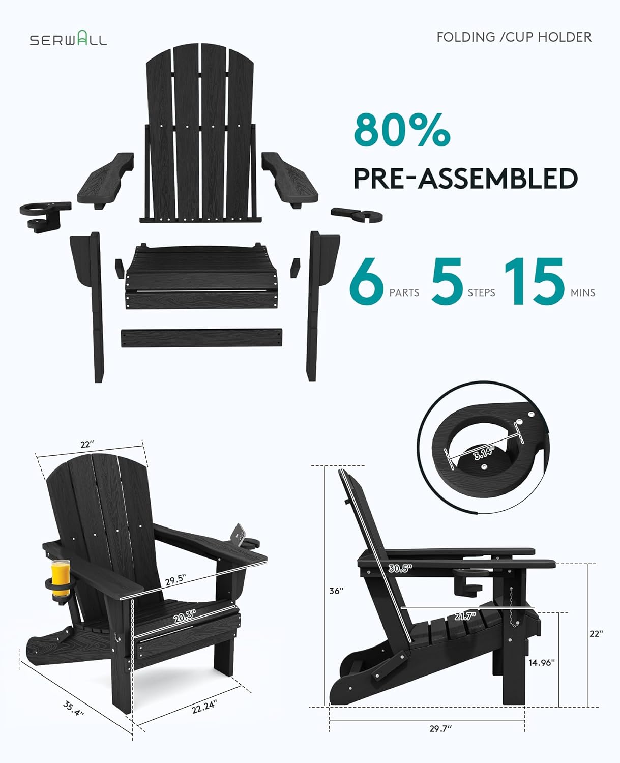SERWALL HDPE Folding Adirondack Chair with Dual Cup Holder - Composite Adirondack Chair - Black