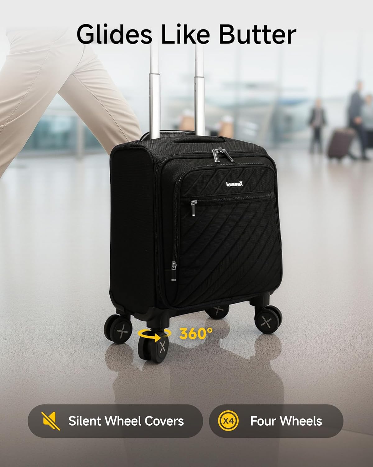 LUGGEX Carry On Luggage with Spinner Wheels - Stylish Lightweight UnderSeat Luggage - Soft Sided Small Suitcase with Front Open Design for Travel, Business (Black, 15 Inch)