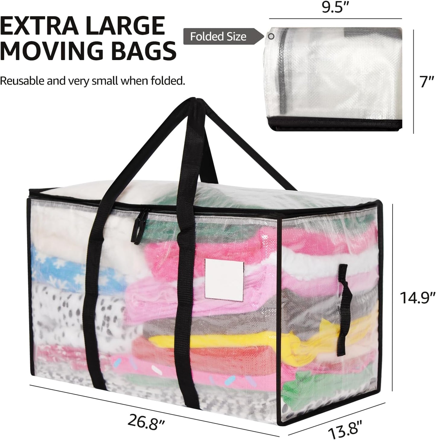 Moving Bags Heavy Duty Extra Large, Alternative for Moving Boxes & Moving Supplies,Clear Storage Bins with Lids, Plastic Packing Tote, Storage Bags for Clothes with Handles & Zippers(Clear, 2 Pack)