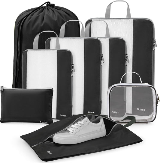 Gonex Expandable Mesh Packing Cubes - 8 Set Compression Organizer for Travel Essentials with Toiletry, Laundry, Shoe & Cable Bags - Black