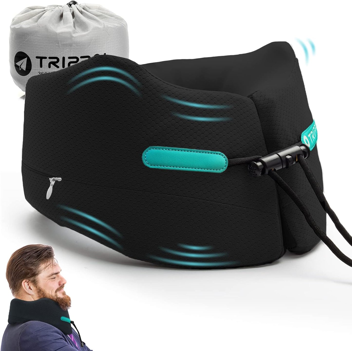 GOLDORANGE Large Travel Pillow Neck Chin Head Support Best Memory Foam Neck Pillows for Airplane Train Car Bus Home Office Sleeping Rest with Compact Carry Bag Black L