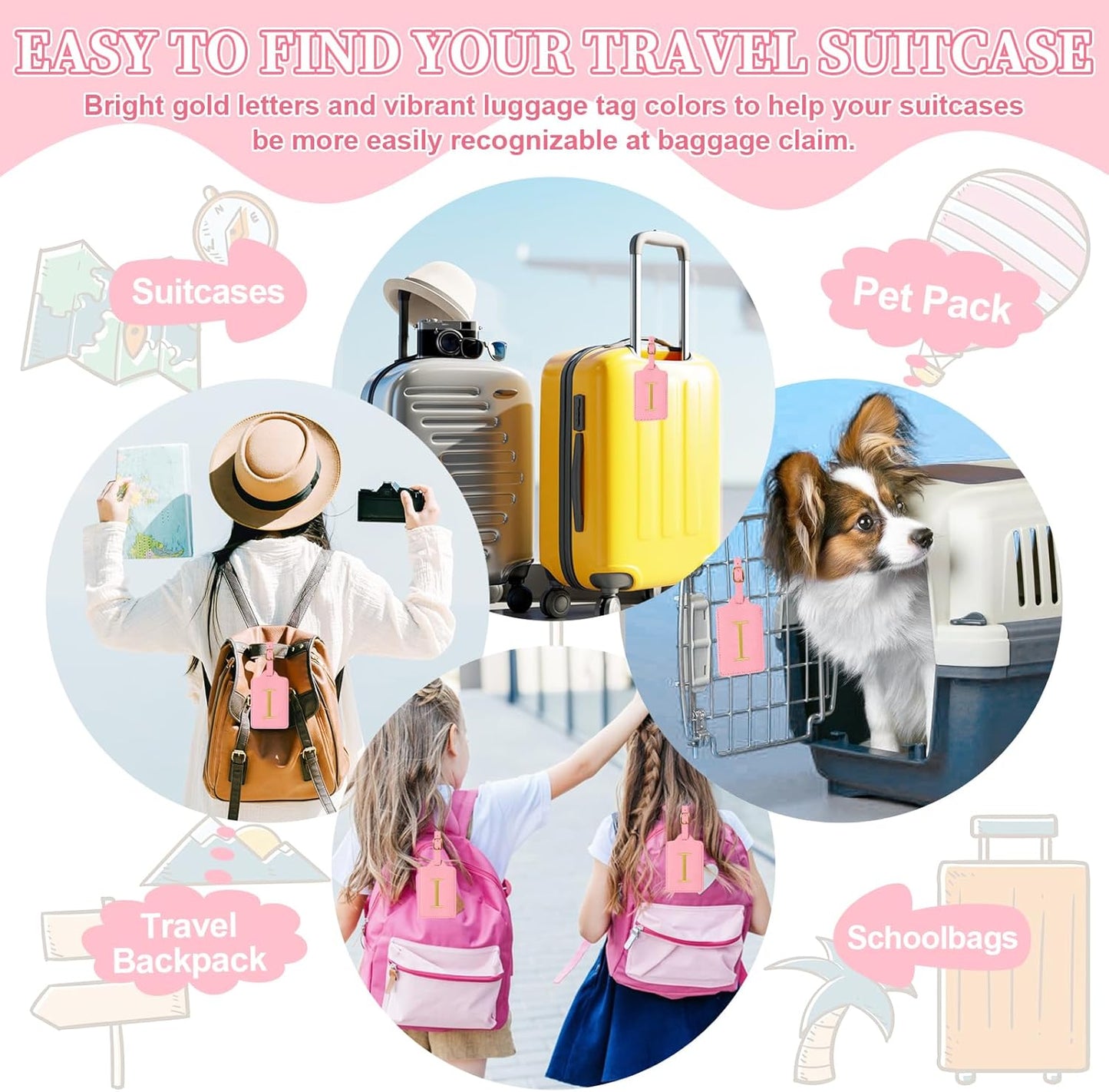 Personalized Initial Luggage Tags for Suitcase, Pink Leather Cute Luggage Tags with Privacy Cover Name Card, Embroidered Custom Monogrammed Luggage Tag Travel Bag Baggage Tags Gifts for Women Kids(I)
