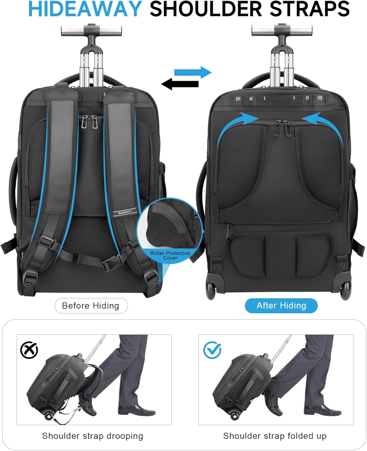 Rolling Backpack,50L Travel Backpack with Wheels,17.3inch Laptop Backpack with USB Port,TSA Carry On Anti Theft Backpack for Business Work Airplanes,Large Backpack for Men Women,Black
