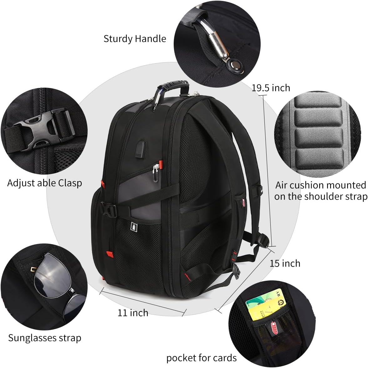 SHRRADOO Extra Large 50L Travel Laptop Backpack with USB Charging Port, College High School Backpack Airline Approved Business Work Bag Fits 17 Inch Computer for Men Women