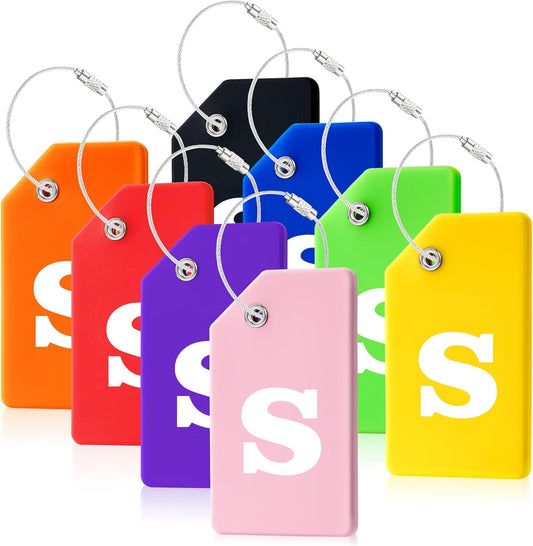 8 Pcs Luggage Tags for Suitcases, 26 Initial Letter Travel Luggage Baggage Identification Labels ID Tags Fully Bendable Tags with Stainless Steel Loop (Letter S, Colorful)