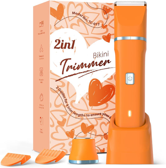 Facial Hair Removal for Women - Waterproof 2 in1 Rechargeable Eyebrow Facial Trimmer and Bikini Trimmer for Women, Painless Face Electric Razor/Shaver for Lip, Arms, Face, Peach Fuzz