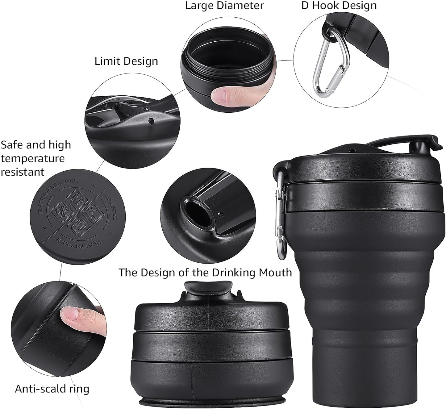 Collapsible Coffee Cup, 2 Pack 20 OZ 600ml Silicone Travel Folding Cup, Leak Proof BPA Free Portable Cup, Travel mug with Lids for Camping hiking (2 * 20OZ)