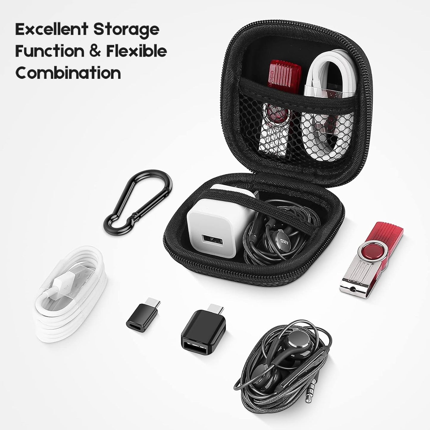 Earbud Case Hard EVA Earphone Carrying Case Cell Phone Accessories Storage Bag with Carabiner for Airpods Headset Earphone Flash Drive Charging Cable Key Wall Charger USB Adapter Cable (Black 2Pack)