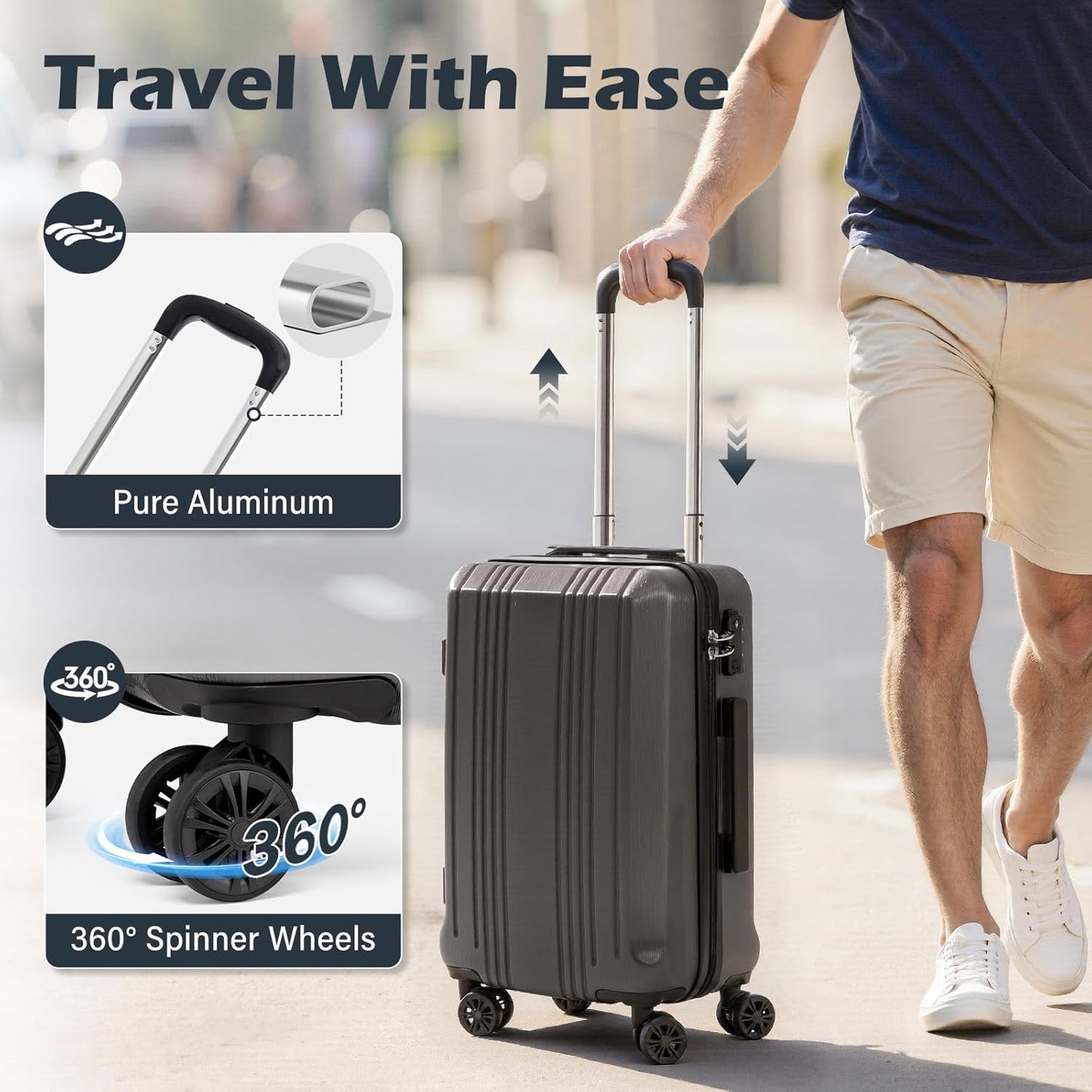 Coolife Luggage Suitcase PC+ABS with TSA Lock Spinner Carry on Hardshell Lightweight 20in 24in 28in(sliver, S(20in_carry on))