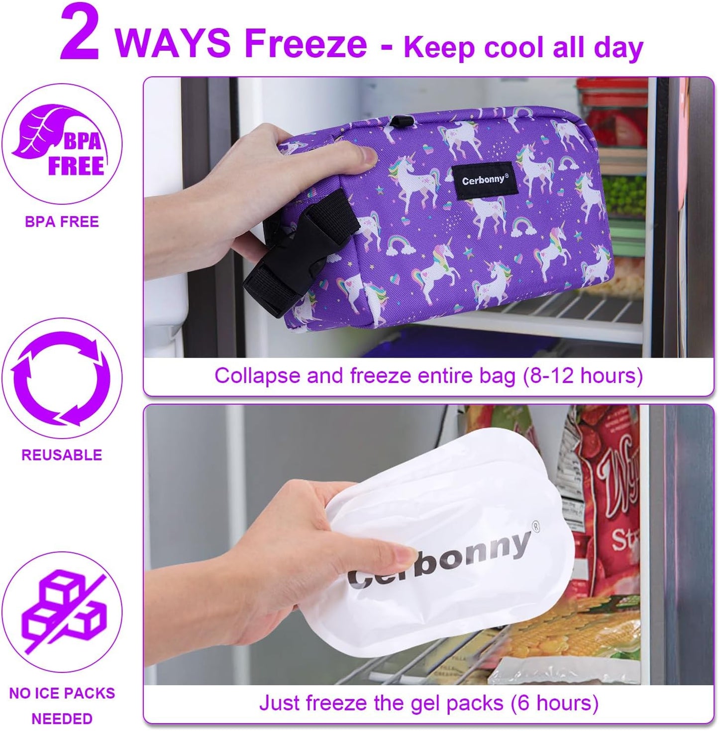 Cerbonny Small Cooler Bag Freezable Lunch Bag for Work School Travel,Small Lunch Bag,Small Insulated Bag For Kids/Adults,Freezer Lunch Bags,Mini Lunch Bag Fit For Yogurt,Suit for 3+(purple unicorn)