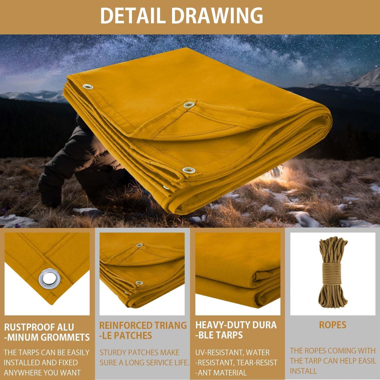FoundGo 16x20ft Canvas Tarp 22 Mil Tarps 14 oz Canvas Tarpaulin Heavy Duty Cloth Water/UV Resistant Cover with Rustproof Grommets & Ropes for Cars,Roofs,Boats,Camps,Sunshades，Moisture Barrier -Tan