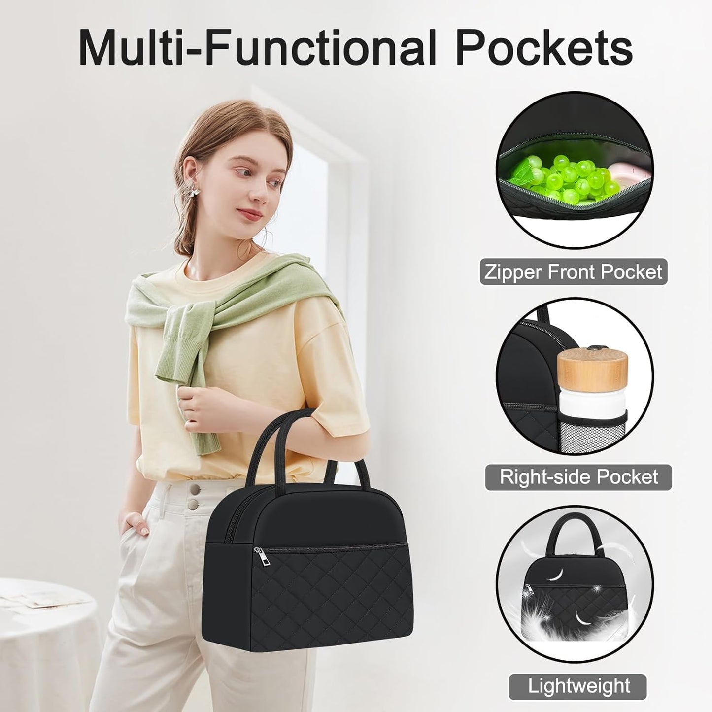 Lunch Bag Lunch Box for Women Men Insulated Reusable Large Lunch Tote Bag Adult Leakproof Simple Cooler Bag for Office Work Picnic Beach or Travel, Black