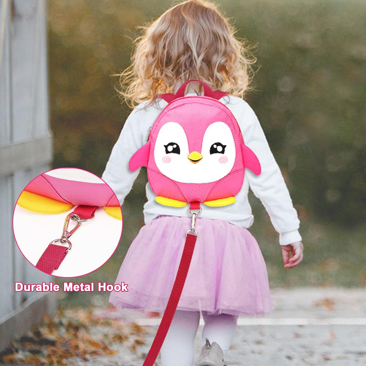 Accmor Toddler Harness Backpack Leash, Cute Penguin Kid Backpacks with Anti Lost Wrist Link, Mini Child Backpack Harness Leashes Walking Wristband Rope Travel Bag Harness Rein for Baby Girls (Pink)