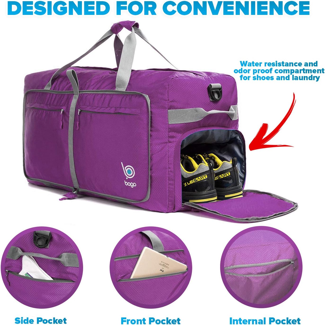 Bago Big XXL Foldable Duffel Bags for Traveling Women & Men - 140L Packable Duffle Bag for Travel with Shoe Compartment - Water Repellant, Heavy Duty, Lightweight Folding & Collapsible (Purple)
