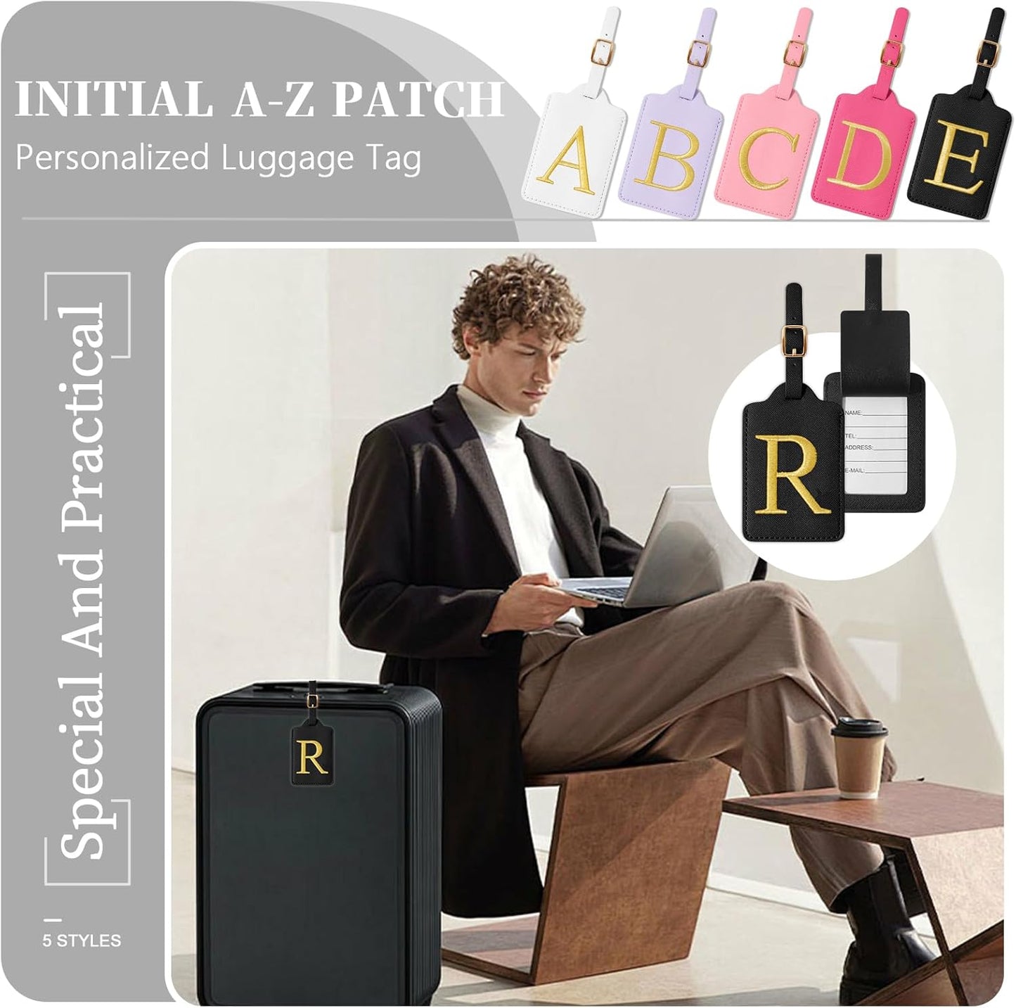 Personalized Initial Luggage Tags for Suitcase TSA Approved, Black Leather Cute Luggage Tag with Privacy Cover Name Card, Embroidered Custom Luggage Tags Travel Backpack Tags Gifts for Women Kids(R)