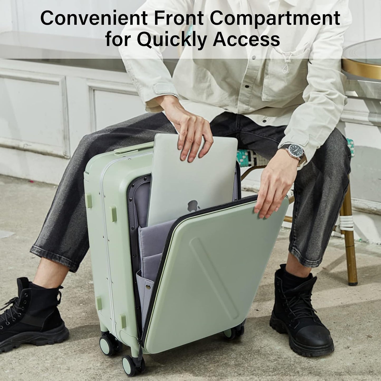 MILADA Wide Handle Carry On Luggage with Front Pocket Hardshell 20 Inch Front Opening Luggage with Spinner Wheels TSA Lock Aluminium Suitcase Airline Approved Carry-On Travel Luggage, Bamboo Green