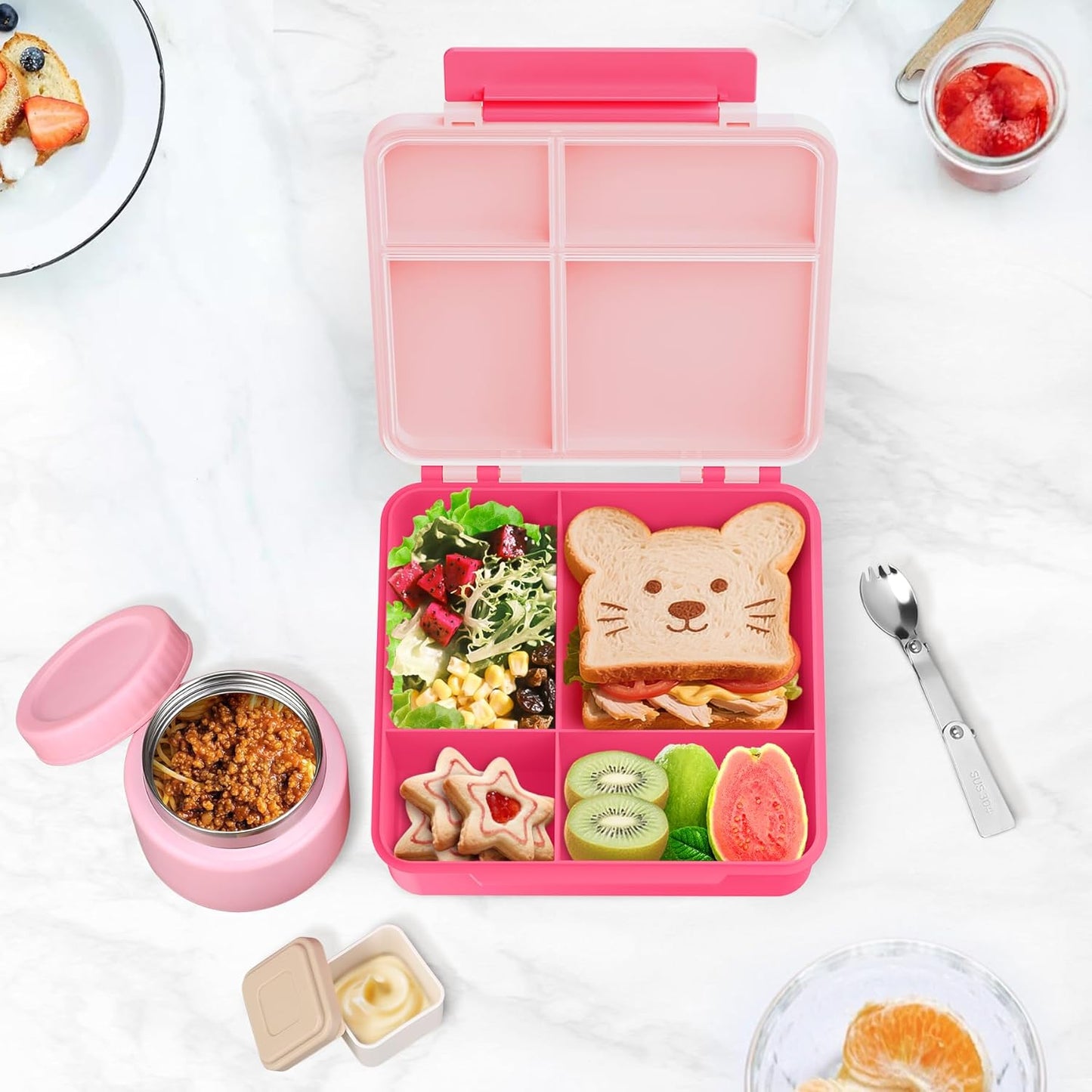 Kids Bento Lunch Box with 8oz Soup Thermo, Kids Leakproof Lunch Food Containers with 4 Compartment,Insulated Hot Food Jar with Lunch Bag for School, Travel (Pink-No lunch bag)