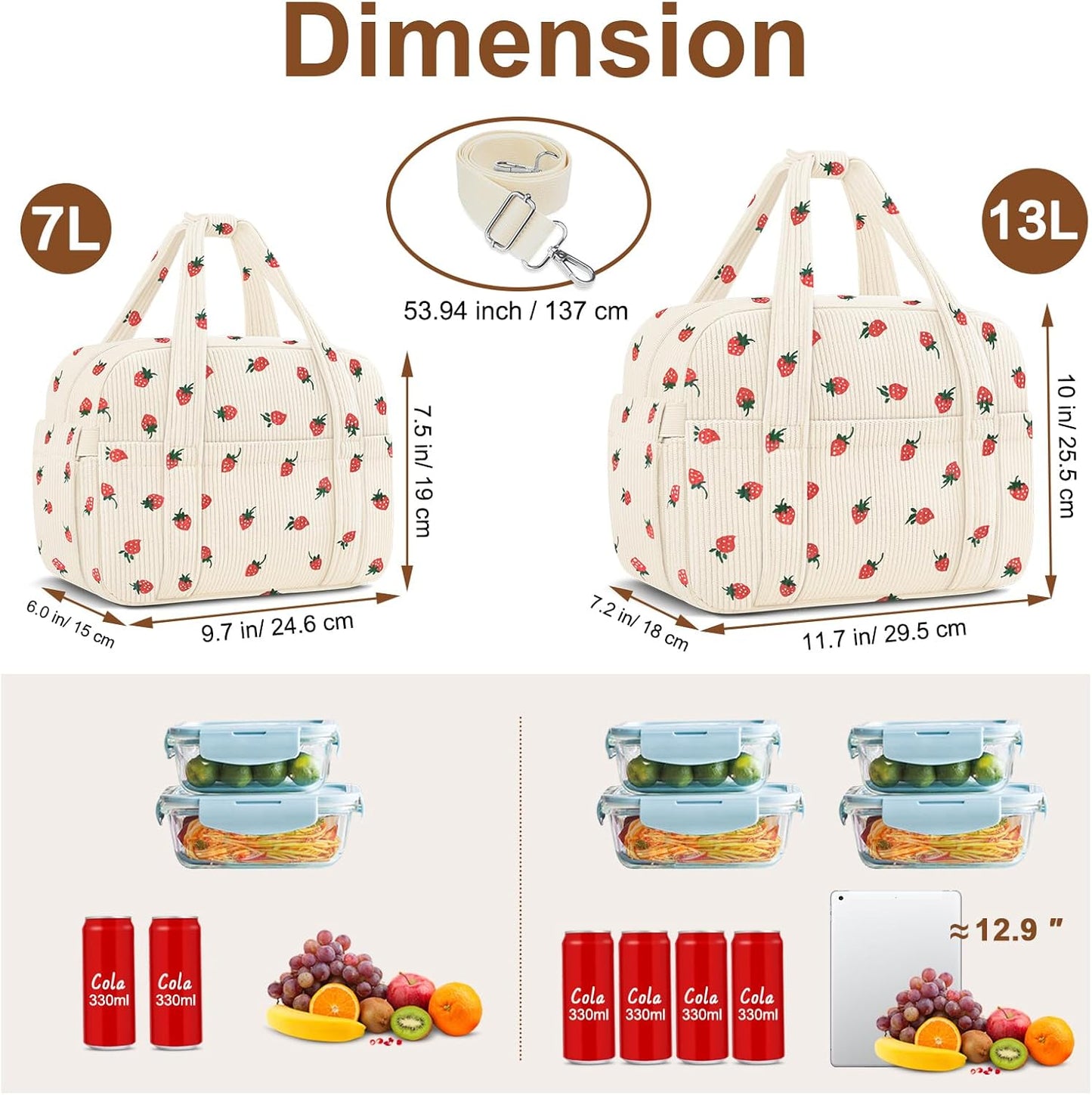 Corduroy Lunch Box Lunch Bag for Women Men, Cute Strawberry Small Insulated Reusable Work Leakproof Simple Lunch Boxes Tote Bag Adults Cooler Bag