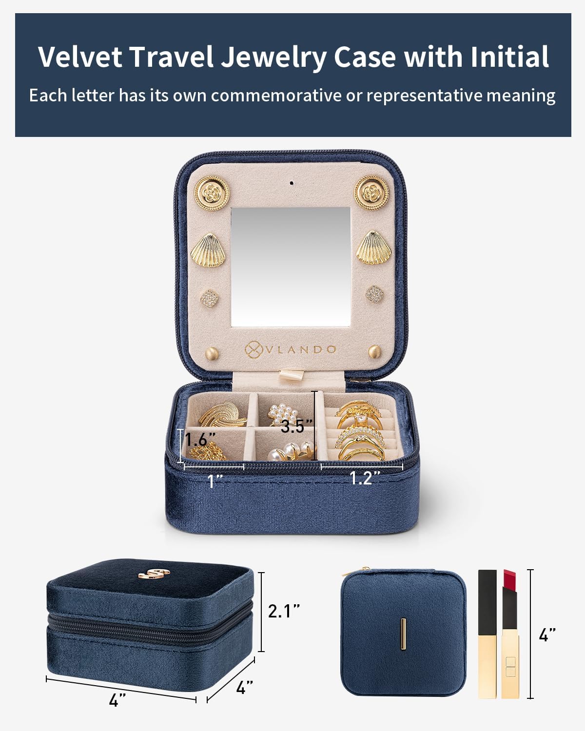 Vlando Valentines Day Gifts for Her, Travel Jewelry Organizer, Necklace Ring Organizer, Jewelry Travel Essentials Travel Gifts for Girlfriend Wife - Letter I, Dark Blue