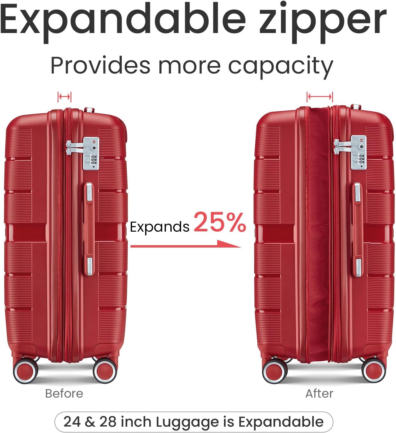 Campfun Luggage 4 Piece Sets, Expandable Carry On Luggage Set Hardshell PP, Suitcase Set with Double Spinner Wheels, Checked Durable Lightweight with TSA Lock, 14/20/24/28in, Red(A)