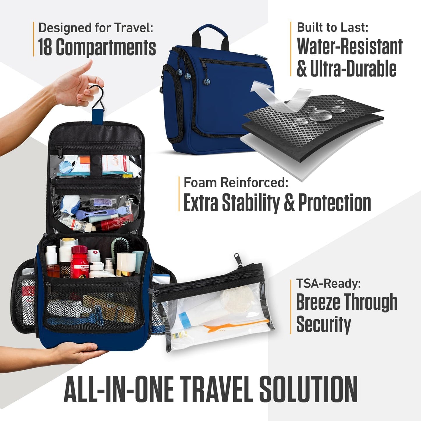 VENTURE 4TH Hanging Travel Toiletry Bag for Women & Men - Travel Organizer with Expandable Compartments & Removable Clear Pouch for Toiletries (Navy Blue)