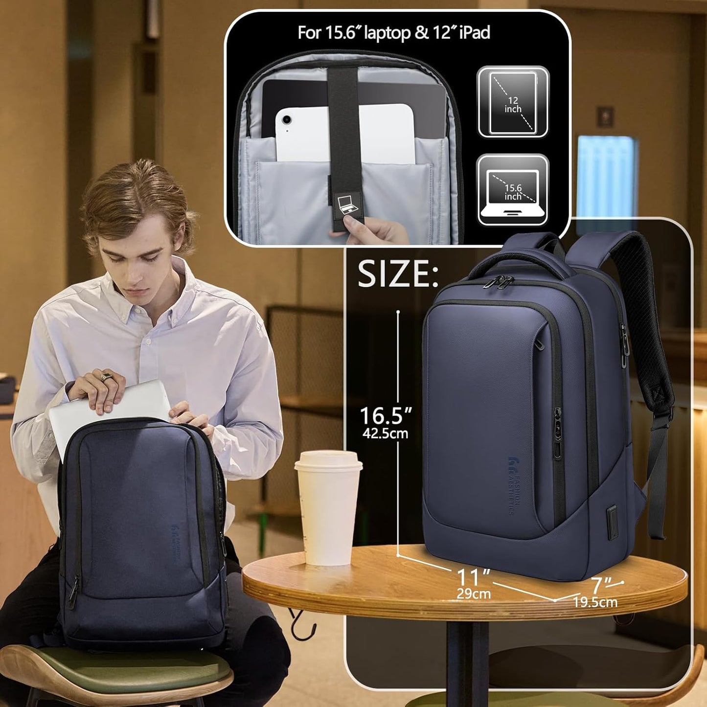 hk Laptop Backpack for Men with USB Charging Port Water-Resistant for 15.6 Inch Computer Bag Durable High-Tech Daypack Casual Backpack for Business Work College Weekender Travel- Blue