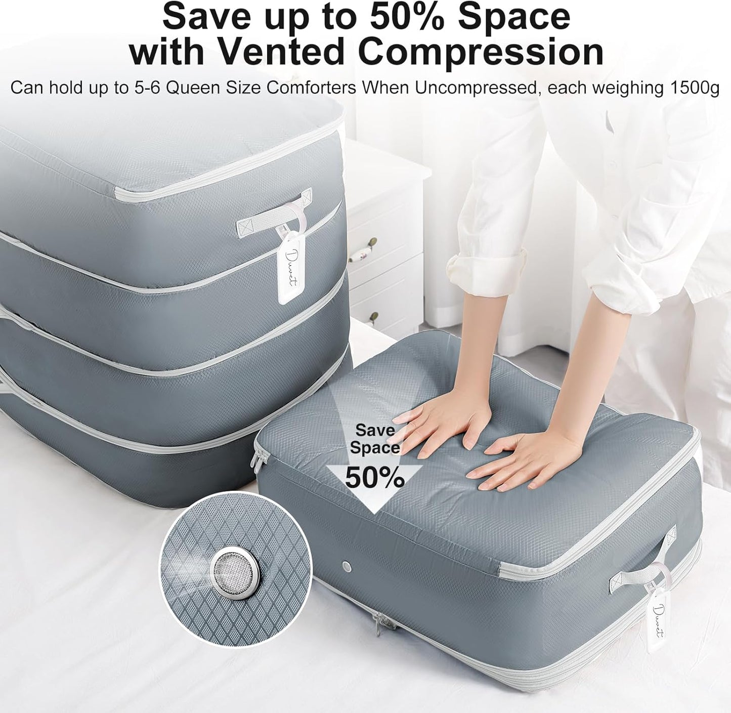 Comforter Storage Bag - 130L Large Capacity Blanket Storage Bags 4-Layer Ultra Space Saving Self Compression Organizer, Washable Compression Bags for Storage Comforter Blanket, 2-Pack, Grey