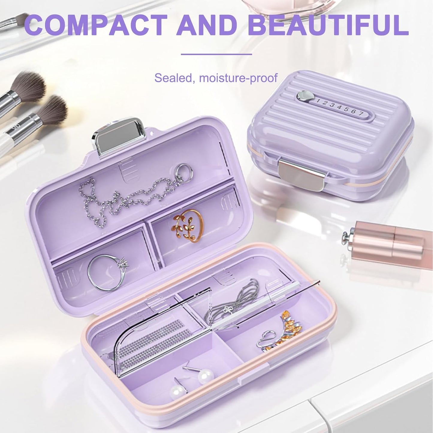 Travel Pill Organizer Box with Medicine Labels, 7 Compartments Portable Pill Case, Daily Medication Organizer Storage Pill Container for Pocket Pharmacy(Purple, L)