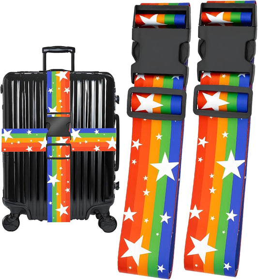 Rainbow Stars Luggage Straps for Suitcases, Adjustable Luggage Travel Belt to Keep Luggage Security While Travel, Strong Polyester Fabric, Easy-to-Recognize Funny Pattern Travel Essentials, 2 Pack