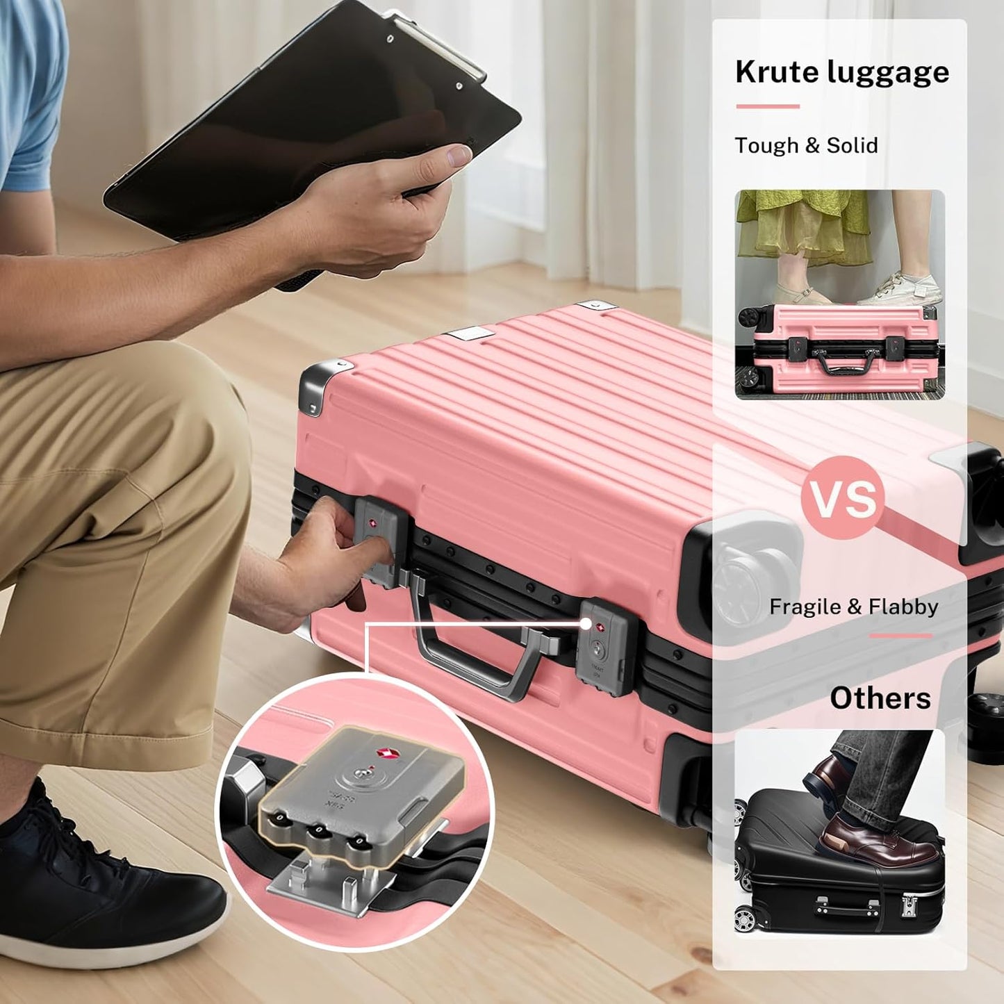 Krute Aluminum Frame Carry On Luggage 20 Inch Zipperless Luggages USB Charger Hardside PC Suitcase With Spinner Wheels Airline Approved Hard Shell Suitcases with TSA Lock (1 Piece)