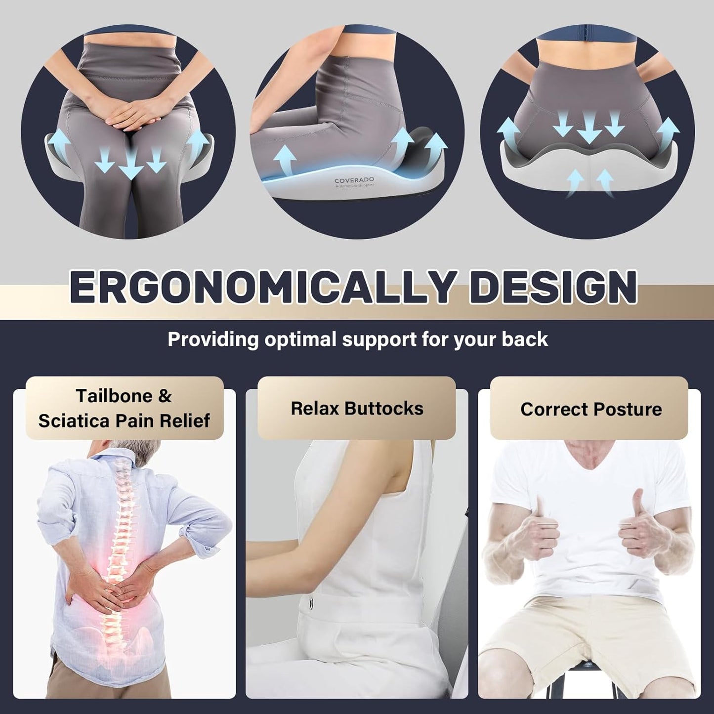 Coverado Car Seat Cushion with Memory Foam, Ergonomic Driving Seat Cushion for Sciatica, Tailbone, Back Pain Relief, Premium Non-Slip Washable Cushion for Car, Driver, Office, Wheelchair