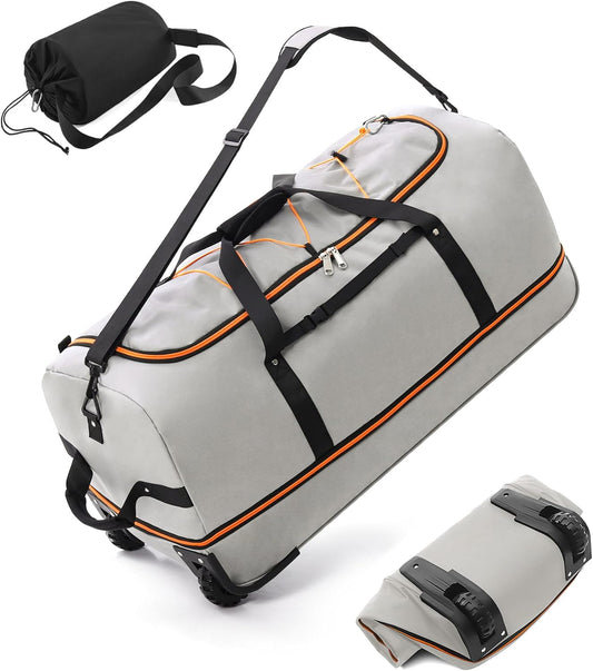 CONTAIL 32”110L Expandable 140L Rolling Duffle Bag with 2 Inline Wheels,Convertible Weekend Travel Bag with Bungee-Cord System,Grey