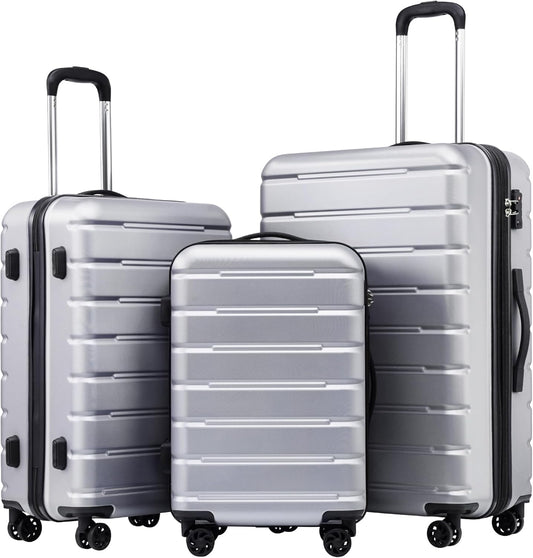 Coolife Luggage Suitcase Carry-on Spinner TSA Lock USB Port Expandable (only 28’’) Lightweight Hardside Luggage (Silver, 3 piece set)
