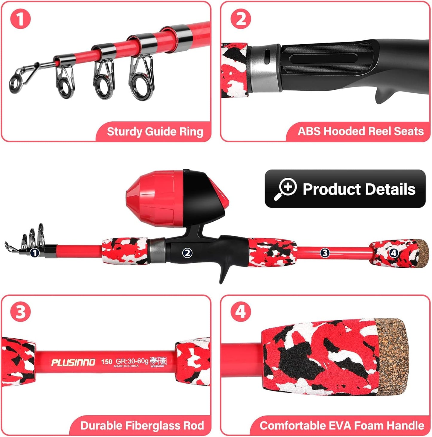PLUSINNO Kids Fishing Pole with Spincast Reel Telescopic Fishing Rod Combo Full Kits for Boys, Girls, and Adults