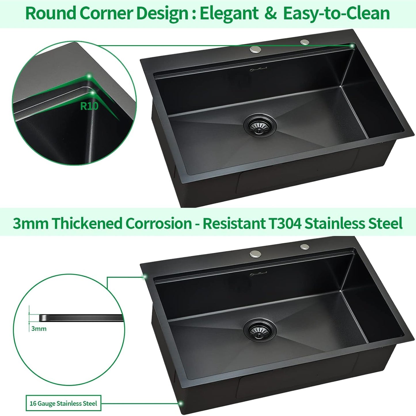 Kitchen Sink, 33 x 22 Drop in Kitchen Sink Gunmetal Black 16 Gauge Stainless Steel Kitchen Sinks Single Bowl Workstation Sink with Cutting Board