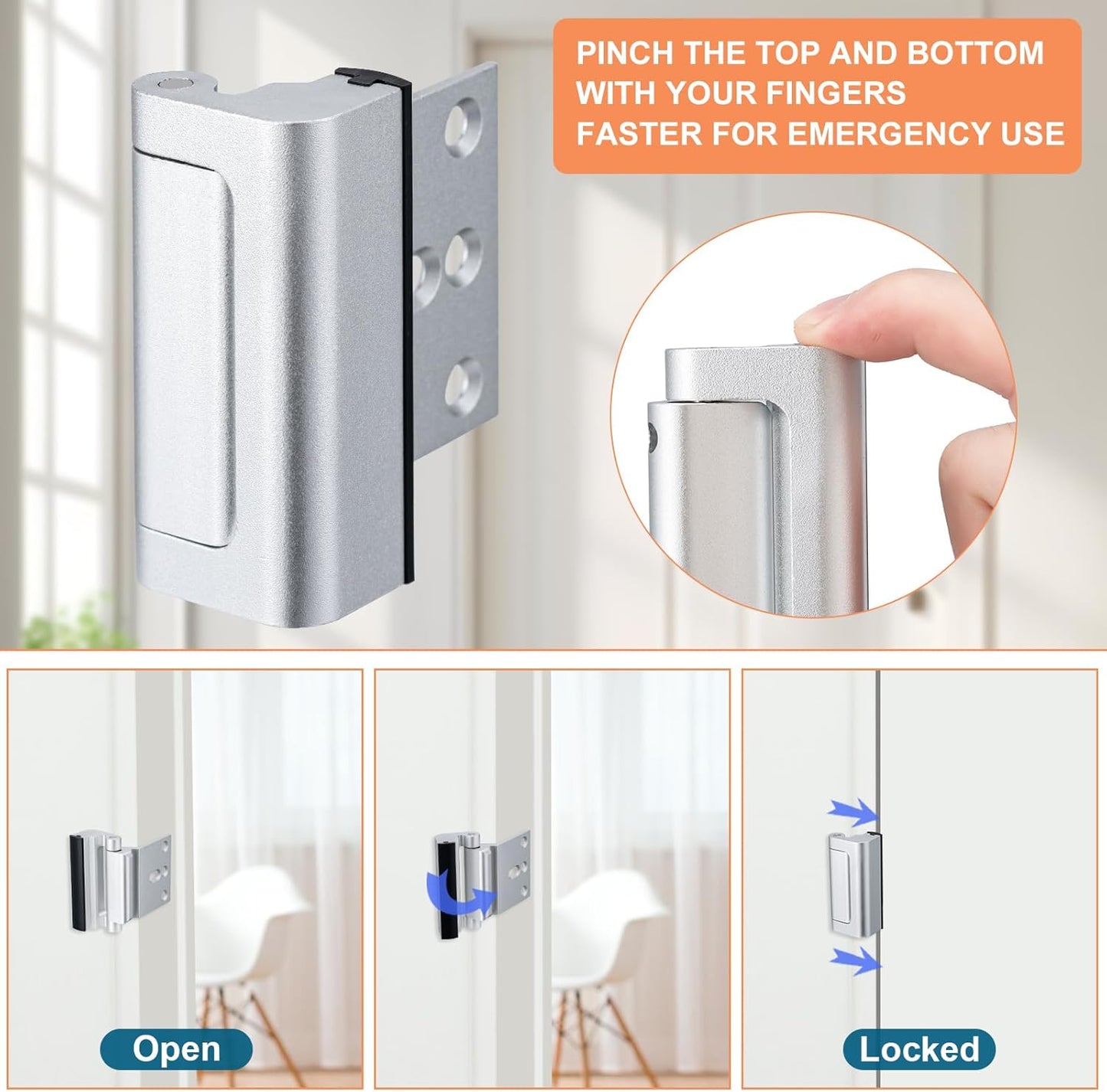 2 Pack Home Security Door Lock,Childproof Door Reinforcement Lock,with 3" Stop Withstand 800 lbs,for Inward Swing Doors,Night Kids Safety Metal Flip Lock Deadbolt Latch (Silver)