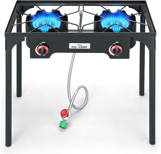 High Pressure Double Propane Burner Outdoor Camping Stove with 0-20 PSI Adjustable Regulator and Steel Braided Hose (Two Burner Stove)